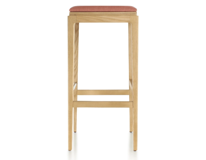 H80 cm designer bar stool natural wood stain coral pink fabric seat H80 cm designer bar stool natural wood stain coral pink fabric seat