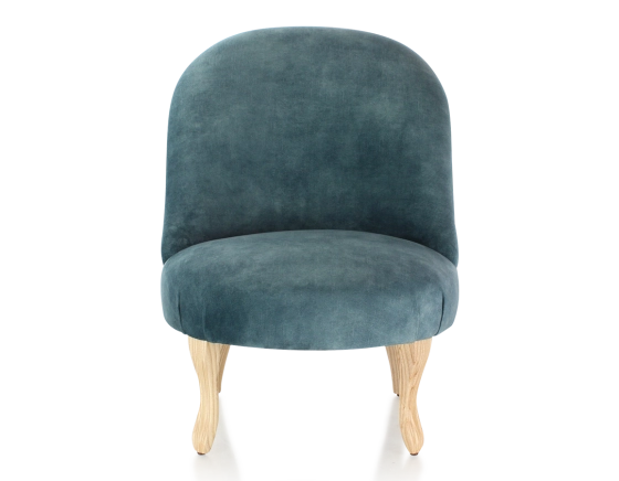 Fauteuil crapaud sans accoudoirs pieds bois teinte naturelle et tissu velours bleu pétrole