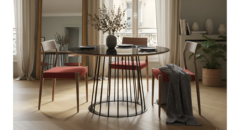 Table salle à manger ronde en chêne et céramique pied métal noir et plateau céramique effet marbre noir 120x120