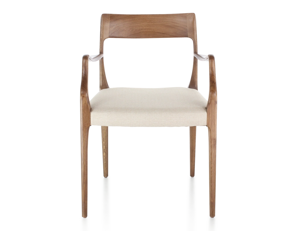 Chaise scandinave avec accoudoirs bois teinte noyer assise tissu chevron beige Chaise scandinave avec accoudoirs bois teinte noyer assise tissu chevron beige