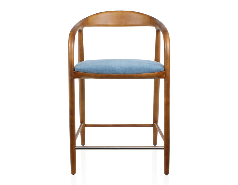 Tabouret de bar H60 cm bois teinte merisier et tissu bleu jean Tabouret de bar H60 cm bois teinte merisier et tissu bleu jean