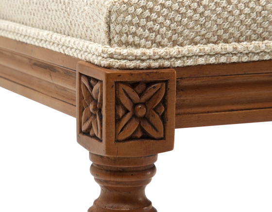 Louis XVI style antique stool wood antique stain and beige mottled fabric.