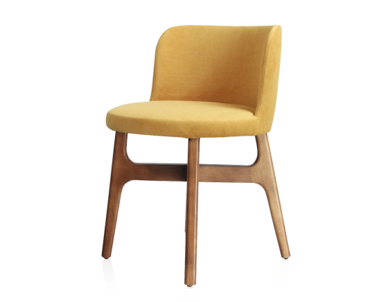 Chaise design bois teinte merisier assise tissu jaune
