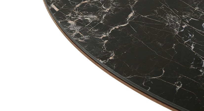 Table salle à manger ronde en chêne et céramique 6 personnes avec bois teinte naturelle et plateau céramique effet marbre noir m2 120x120 Table salle à manger ronde en chêne et céramique 6 personnes avec bois teinte naturelle et plateau céramique effet marbre noir m2 120x120