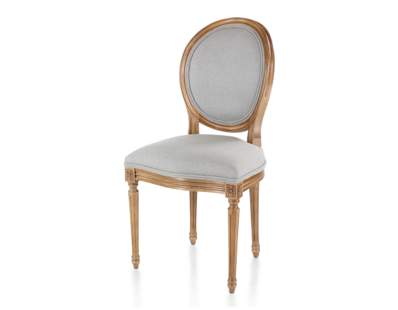 Antique Louis XVI style chair wood stained in an antique style and light grey fabric