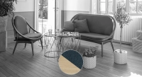 2 seater Scandinavian sofa natural stained wood and ocean blue fabric 2 seater Scandinavian sofa natural stained wood and ocean blue fabric