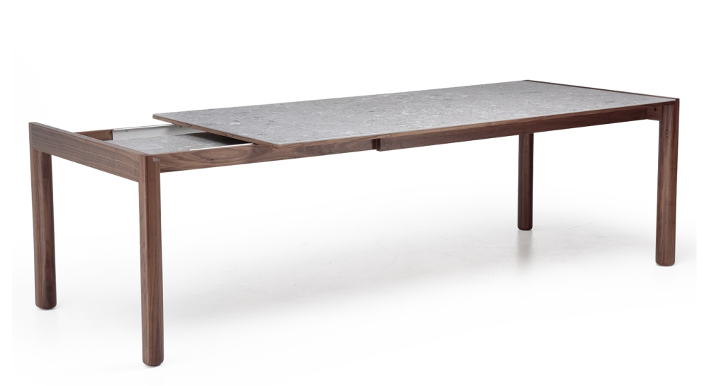 Table extensible 8 à 12 personnes en noyer et céramique allonges céramique bois teinte naturelle et céramique effet terrazzo gris 160x100 cm Table extensible 8 à 12 personnes en noyer et céramique allonges céramique bois teinte naturelle et céramique effet terrazzo gris 160x100 cm