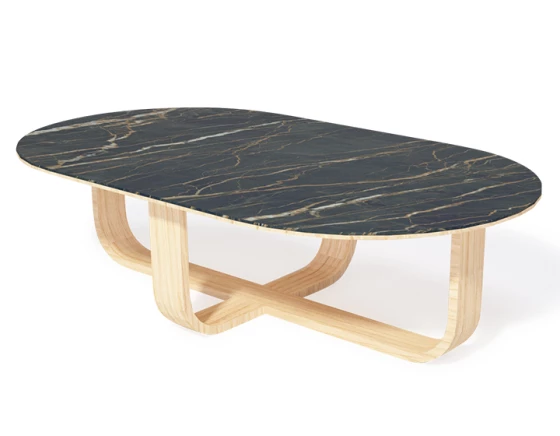 Table basse ovale en chêne et céramique avec bois teinte naturelle plateau céramique effet marbre noir 140x80 cm