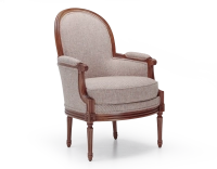 Fauteuil bergère mouluré style Louis XVI bois teinte ancienne et tissu orange Fauteuil bergère mouluré style Louis XVI bois teinte ancienne et tissu orange