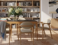 Designer chair with armrests natural wood stain and camel fabric