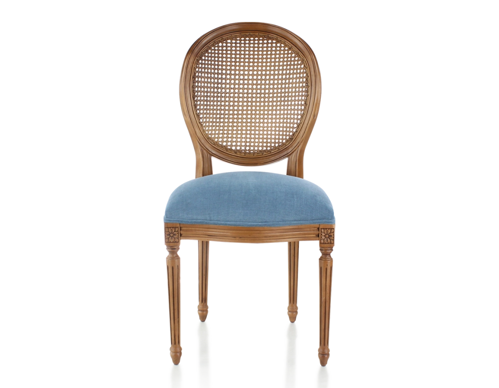 Chaise ancienne style Louis XVI bois teinte ancienne dossier canné assise tissu bleu jeans Chaise ancienne style Louis XVI bois teinte ancienne dossier canné assise tissu bleu jeans