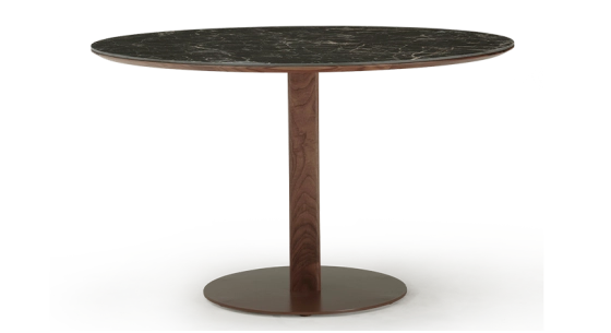 Table salle à manger ronde en noyer et céramique 6 personnes avec bois teinte naturelle et plateau céramique effet marbre noir m2 120x120