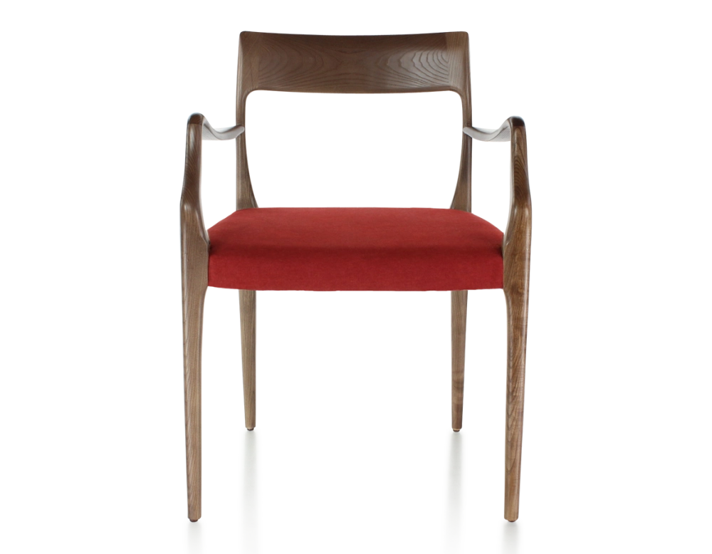 Chaise scandinave avec accoudoirs bois teinte marron foncé assise tissu bordeaux Chaise scandinave avec accoudoirs bois teinte marron foncé assise tissu bordeaux