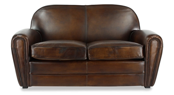 2 seater leather club sofa dark brown studded armrests