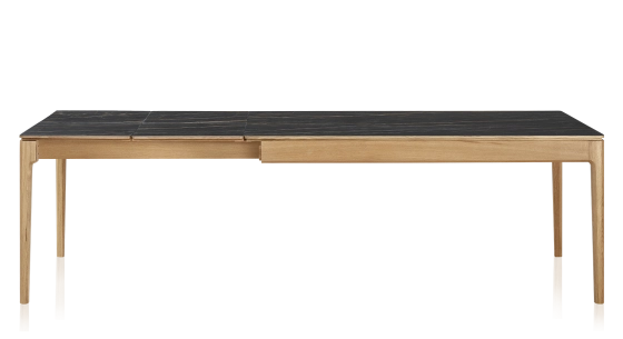 Extendable table for 8 to 12 people in oak and ceramic with ceramic extensions with natural stained wood and black marble effect ceramic top and extensions 180x100 cm