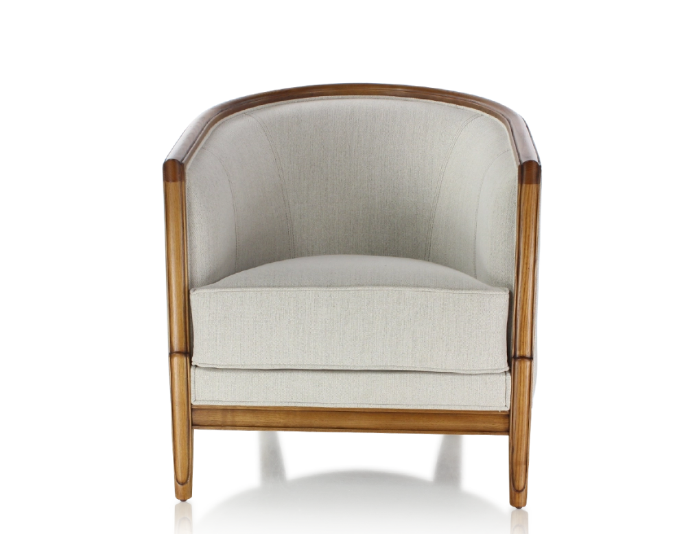 Fauteuil ancien accoudoirs moulurés bois teinte ancienne et tissu beige naturel