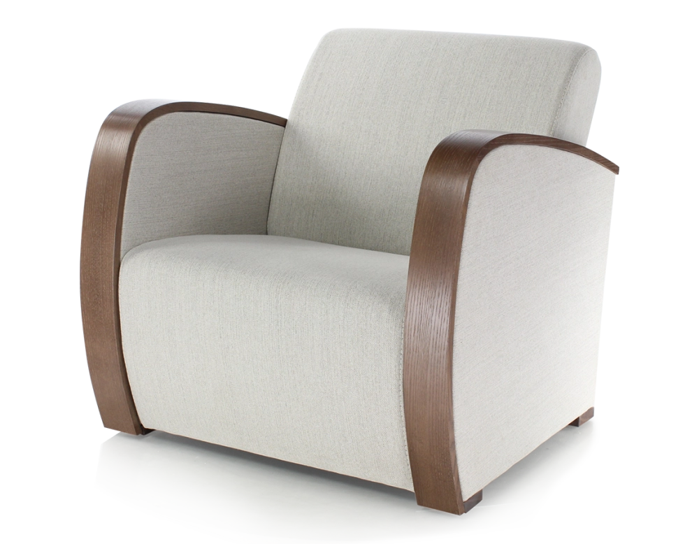 Fauteuil design bois teinte marron foncé et tissu beige naturel Fauteuil design bois teinte marron foncé et tissu beige naturel