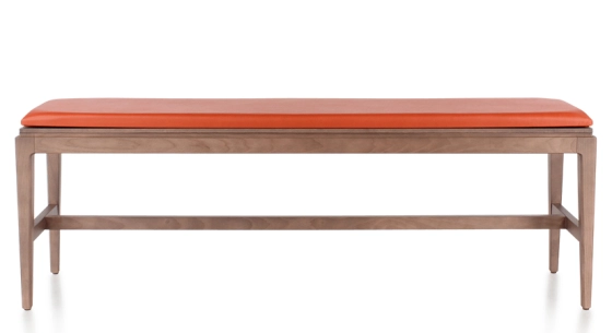 Designer bench walnut-stained wood, poppy red leather seat, L140 cm