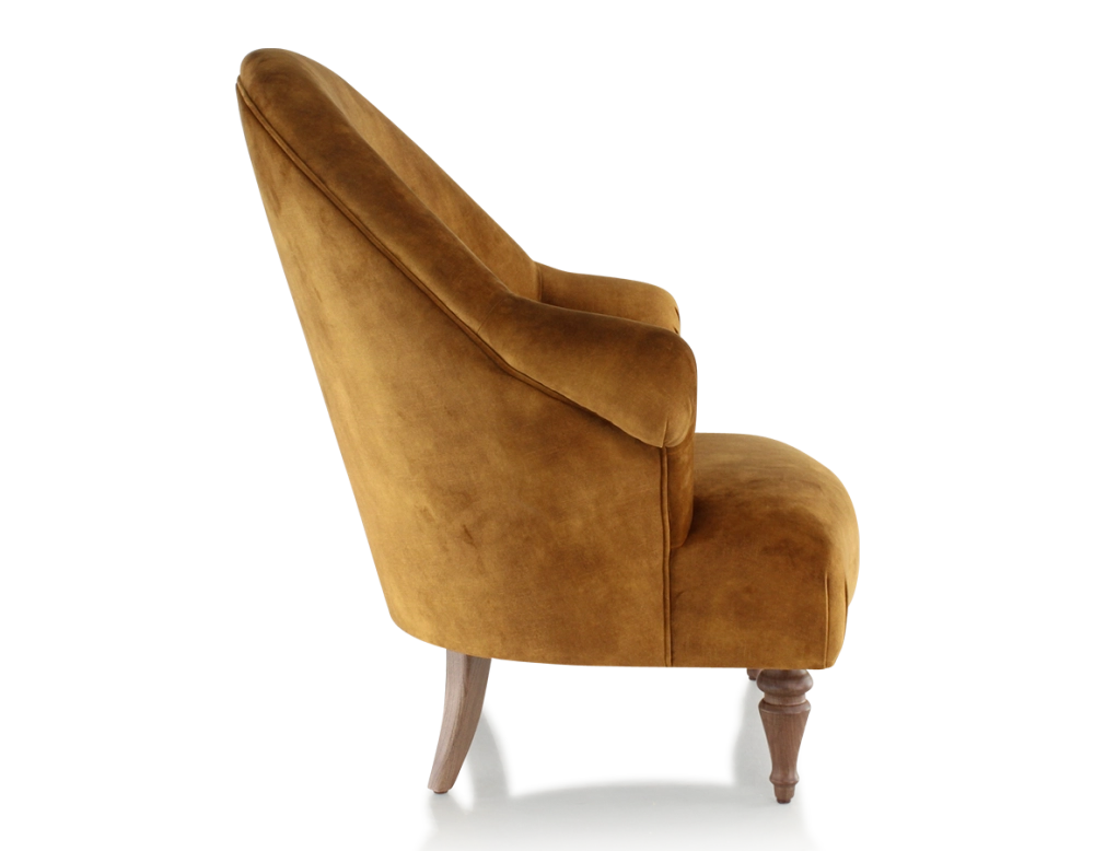 Fauteuil crapaud avec accoudoirs pieds bois teinte noyer et tissu velours bronze moyen dossier Fauteuil crapaud avec accoudoirs pieds bois teinte noyer et tissu velours bronze moyen dossier