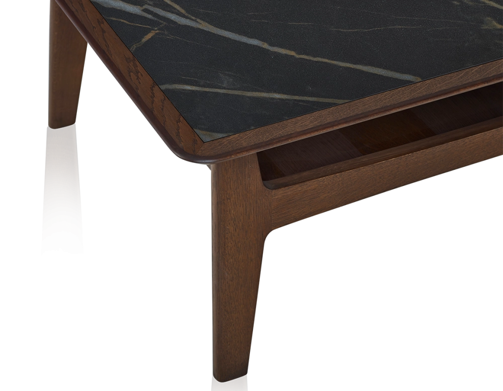 Table basse carrée en chêne et céramique avec bois teinte marron foncé plateau céramique effet marbre noir 100x100 cm Table basse carrée en chêne et céramique avec bois teinte marron foncé plateau céramique effet marbre noir 100x100 cm