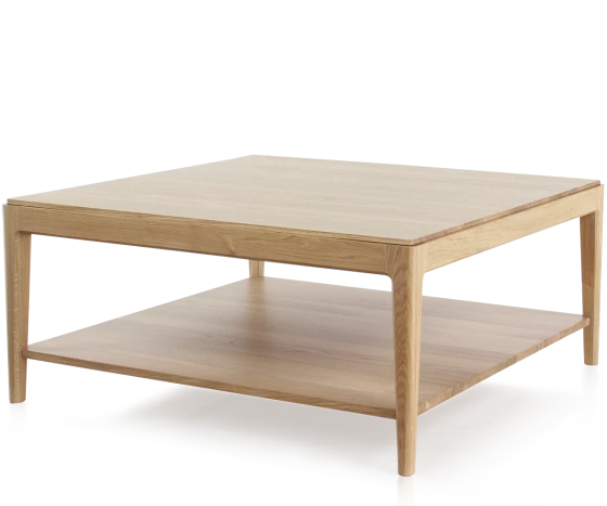 Table basse carrée en chêne naturel avec tablette 100x100 cm