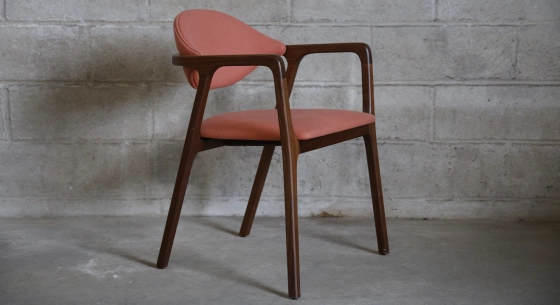 Walnut Designer armchair natural wood finish and brown fabric