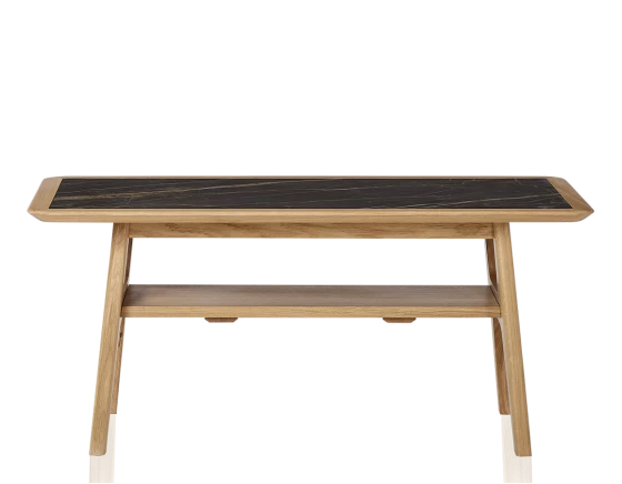 Table basse rectangulaire en chêne naturel dessus céramique effet marbre noir 100x50 cm