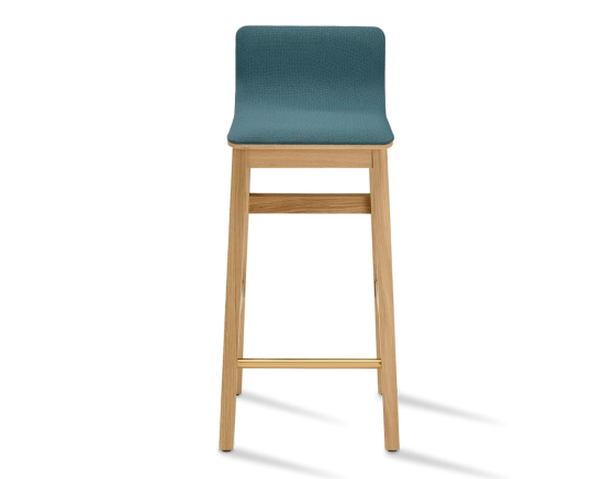 Oak bar stool H60 cm natural stained wood, ocean blue fabric seat