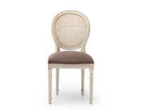 Louis XVI style antique chair white cerused wood with cane backrest and taupe fabric seat. Louis XVI style antique chair white cerused wood with cane backrest and taupe fabric seat.