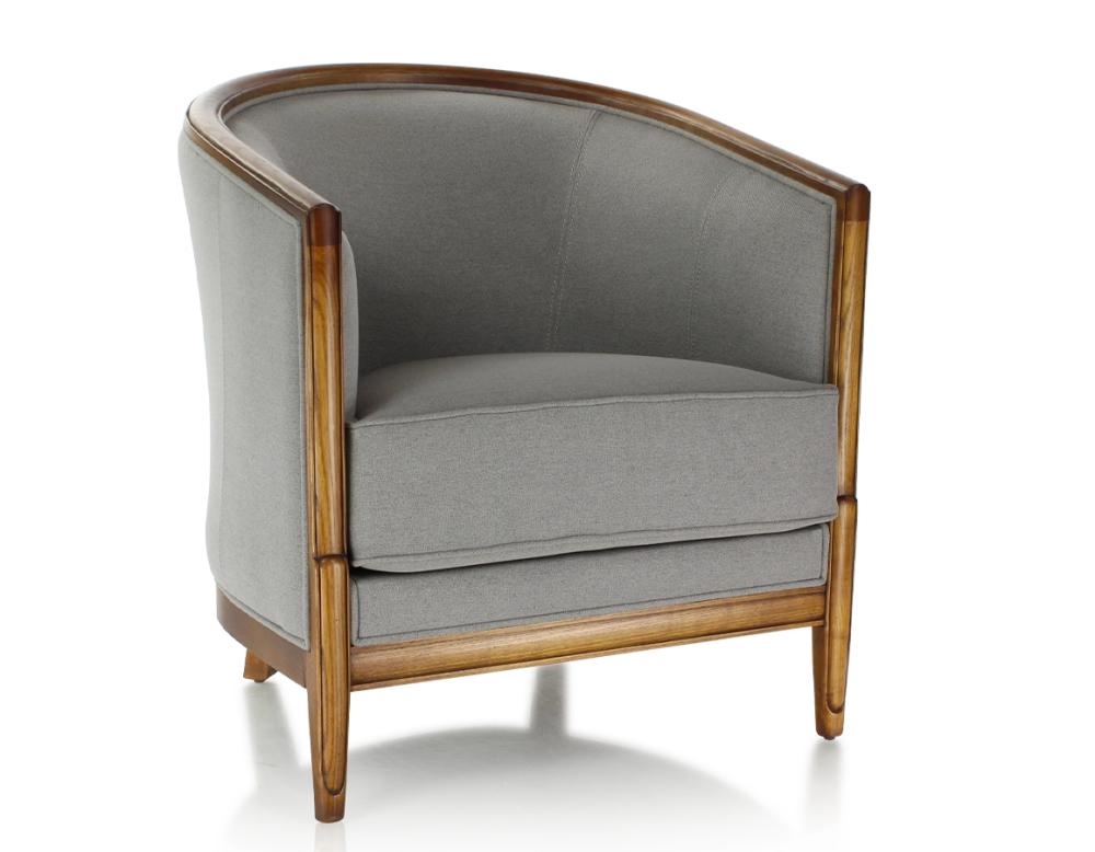 Fauteuil ancien accoudoirs moulurés bois teinte ancienne et tissu gris clair