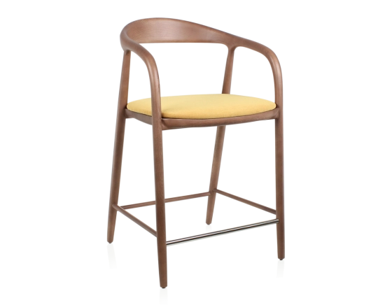 Bar stool H60 cm walnut-stained wood and yellow fabric