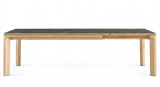 Table extensible 6 à 10 personnes en chêne et céramique allonges céramique avec bois teinte naturelle et plateau et allonge céramique effet marbre noir 160x90 cm