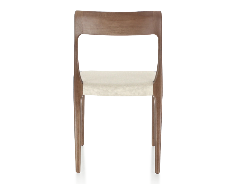 Chaise scandinave bois teinte marron foncé assise tissu chevron beige Chaise scandinave bois teinte marron foncé assise tissu chevron beige