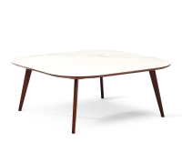 Table basse carré aux angles arrondis F2 en chêne et céramique bois teinte marron foncé plateau céramique effet marbre blanc 110x110x40 cm
