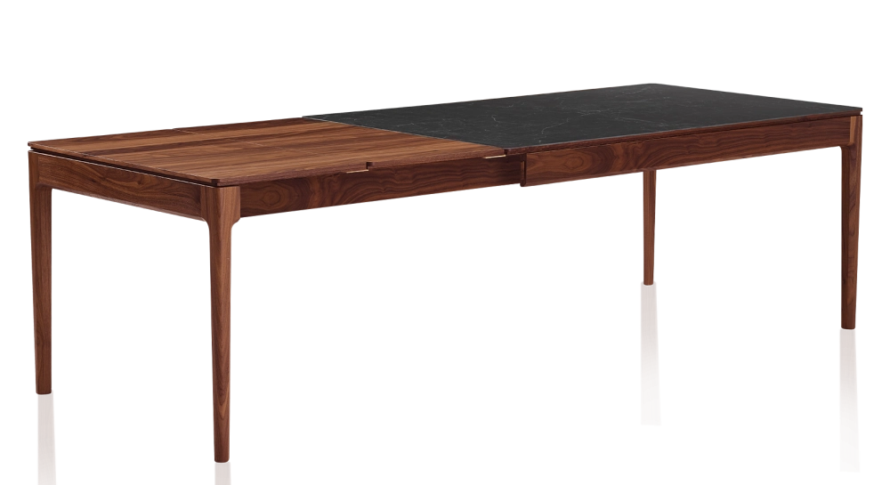Table extensible 8 à 12 personnes en noyer et céramique allonges bois avec bois teinte natruelle et plateau céramique effet ardoise 180x100 cm Table extensible 8 à 12 personnes en noyer et céramique allonges bois avec bois teinte natruelle et plateau céramique effet ardoise 180x100 cm