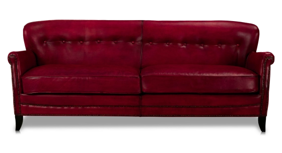 Canapé club cuir 3 places rouge carmin accoudoirs cloutés