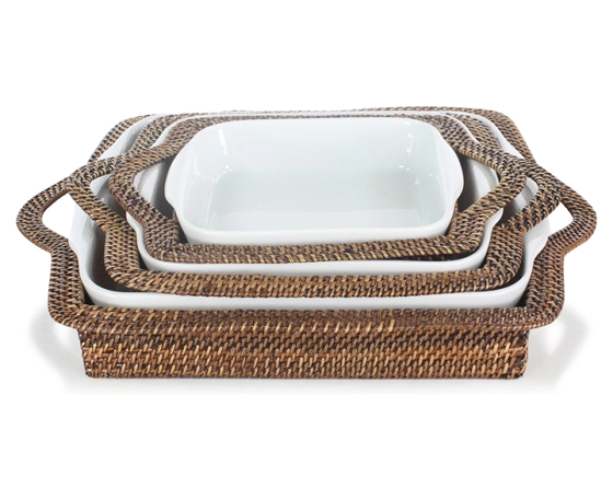 Square porcelain dish with small rattan flower stand