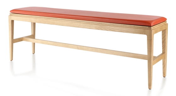 Designer bench natural tint wood, poppy red leather seat, L140 cm