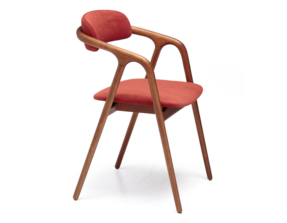 Chaise scandinave bois teinte merisier assise tissu beige orange brulé Chaise scandinave bois teinte merisier assise tissu beige orange brulé