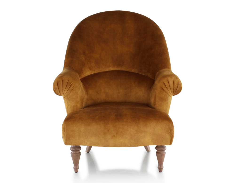 Fauteuil crapaud avec accoudoirs pieds bois teinte noyer et tissu velours bronze haut dossier Fauteuil crapaud avec accoudoirs pieds bois teinte noyer et tissu velours bronze haut dossier