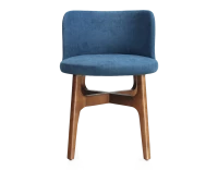 Chaise design bois teinte merisier assise tissu bleu jean