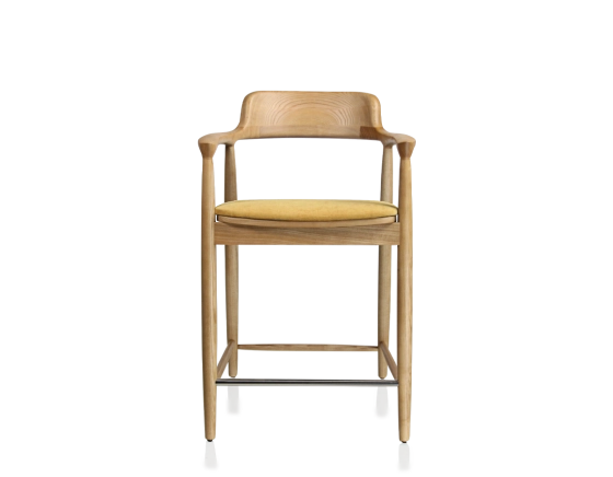 Tabouret de bar h60 cm bois teinte naturelle assise tissu jaune