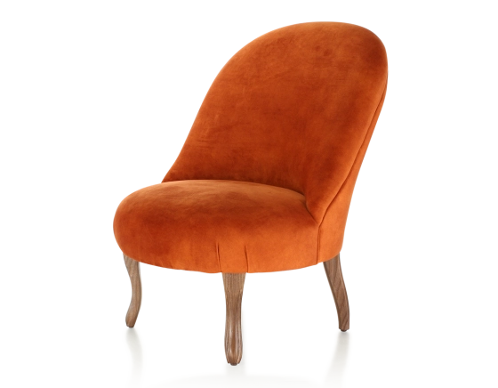 Armless toad chair walnut-stained wooden legs and terracotta velvet fabric