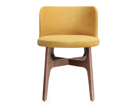 Chaise design bois teinte noyer assise tissu jaune