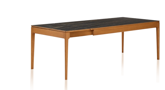 Extendable oak and ceramic table for 6 to 10 people with ceramic extensions with cherry-stained wood and black marble-effect ceramic top and extensions 140x90 cm