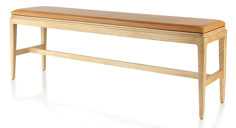 Banc design bois teinte naturelle assise cuir caramel L120 cm Banc design bois teinte naturelle assise cuir caramel L120 cm