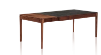 Table extensible 6 à 10 personnes en noyer et céramique allonges bois avec bois teinte naturelle et plateau céramique effet marbre noir 140x90 cm
