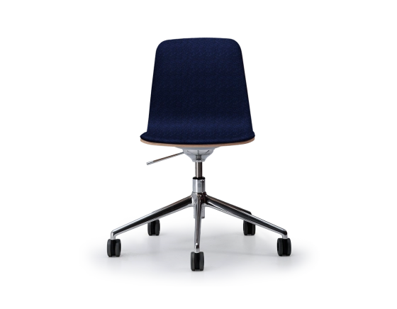 Design office chair aluminum metal base with casters, deep blue fabric seat