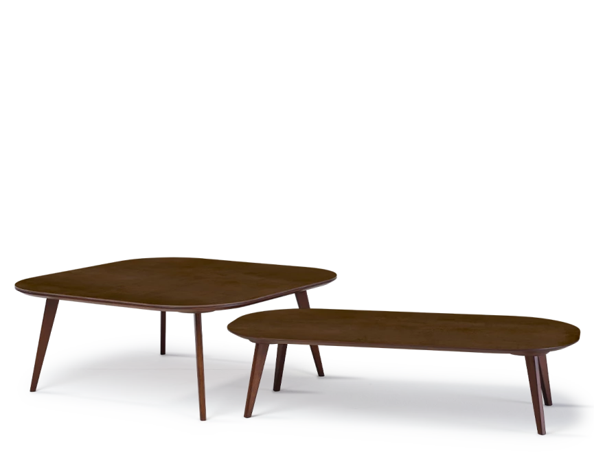 Table basse carré aux angles arrondis F2 plateau céramique bois teinte marron foncé plateau céramique effet rouille 60x60x30 cm