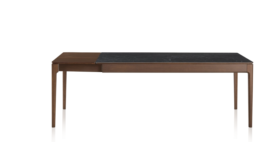 Table extensible 8 à 12 personnes en chêne et céramique allonges bois avec bois teinte marron foncé et plateau céramique effet ardoise 160x100 cm Table extensible 8 à 12 personnes en chêne et céramique allonges bois avec bois teinte marron foncé et plateau céramique effet ardoise 160x100 cm